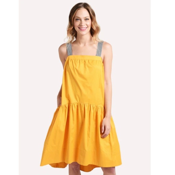 English Factory Poplin Tiered Drop Waist Sleeveless Swing Dress Yellow Small - Picture 1 of 8
